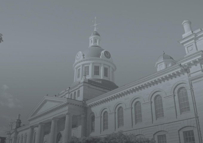 Black and white image of cupola on Kingston city hall